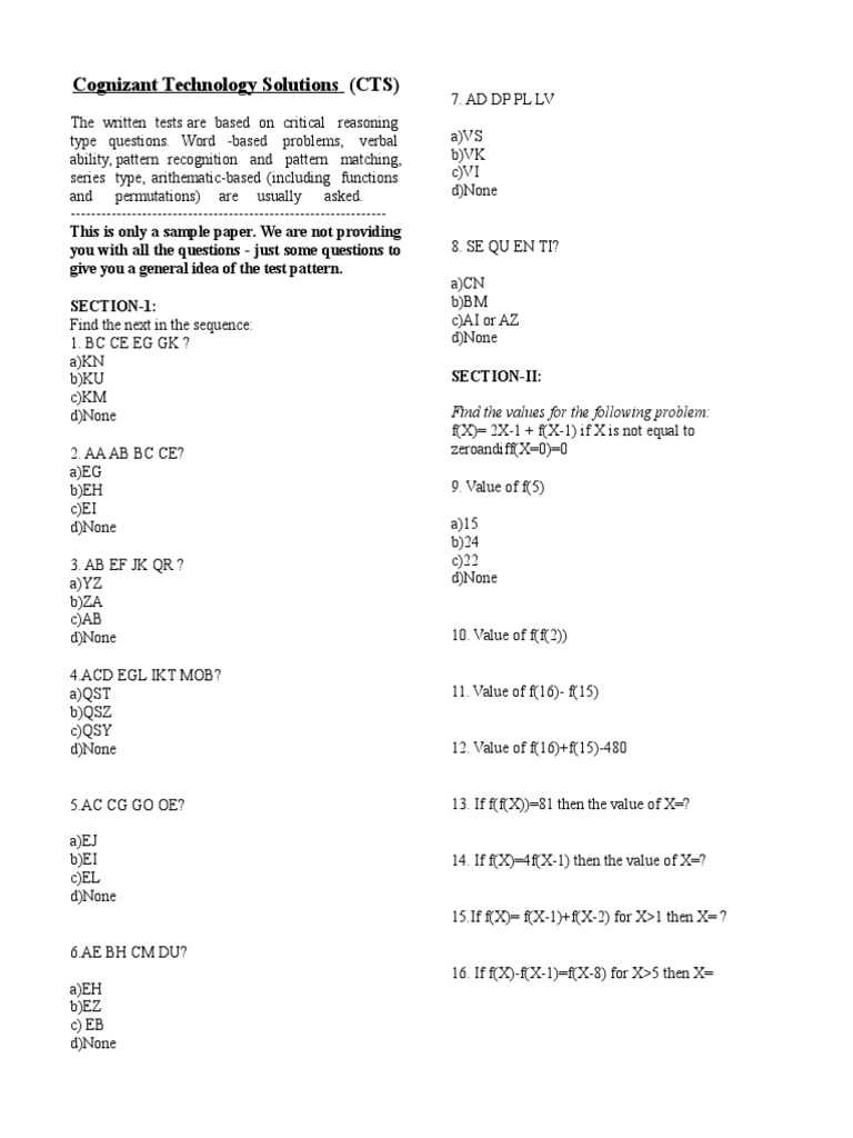Cognizant Test Pattern Sample Questions | PDF | Teaching Mathematics
