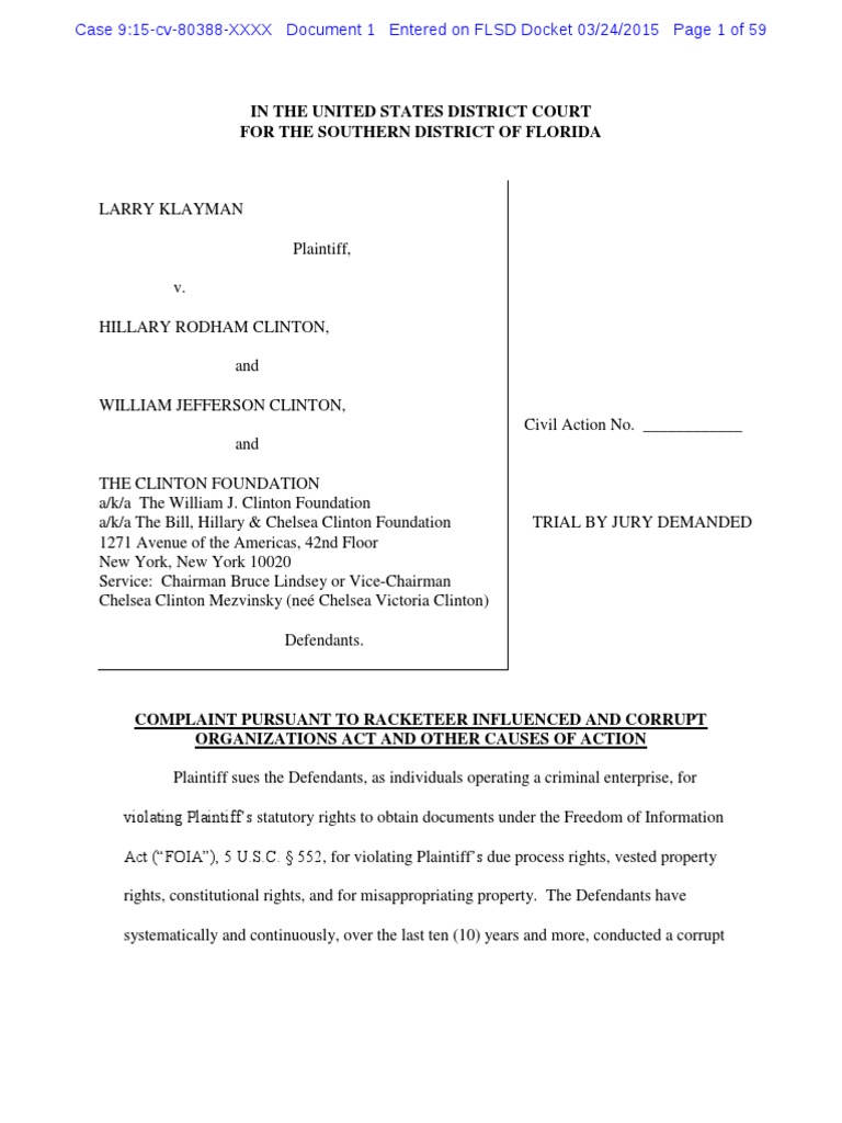 Clinton RICO Complaint | PDF | Freedom Of Information Act (United ...