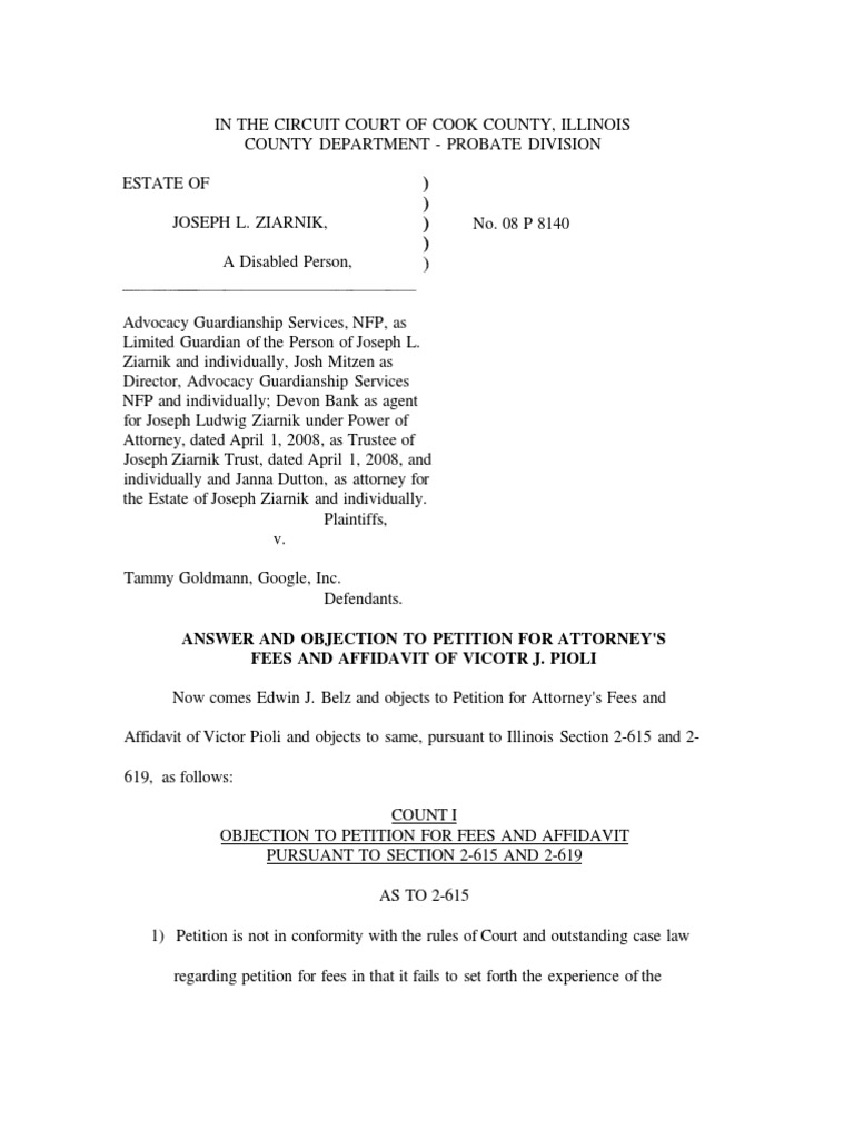 Belz Objection To Attorney Fees Legal Guardian Lawyer