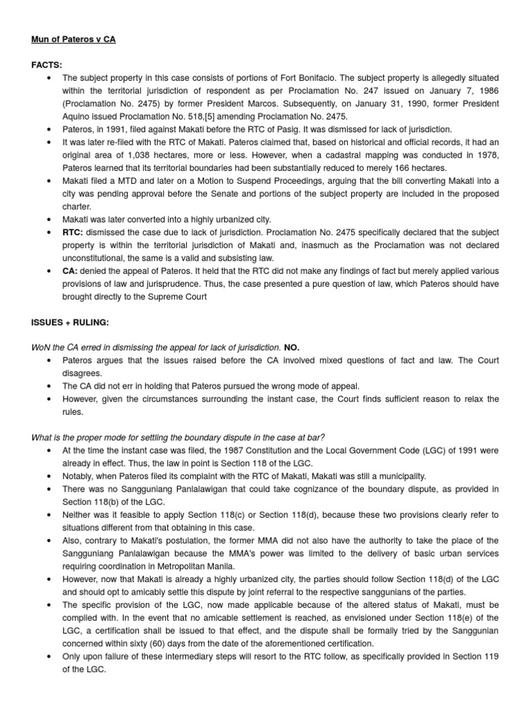 Municipality of Pateros V CA PDF Government Justice