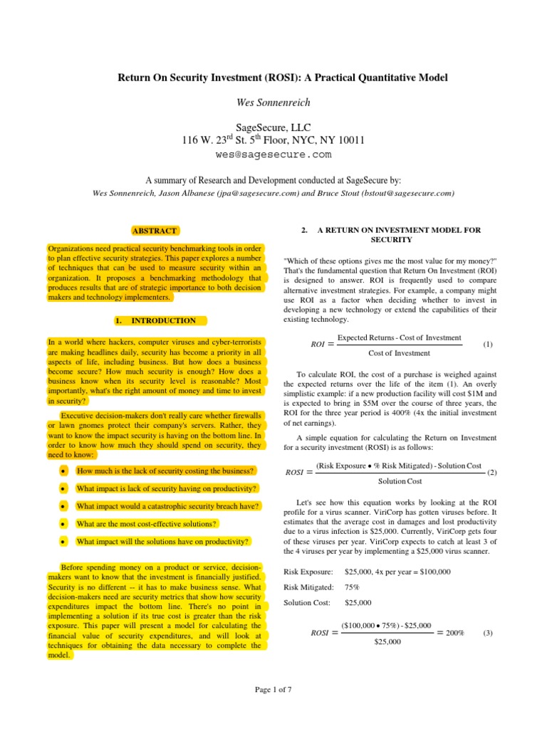 ROSI: Quantifying Security Investments | PDF | Internal Rate Of Return ...
