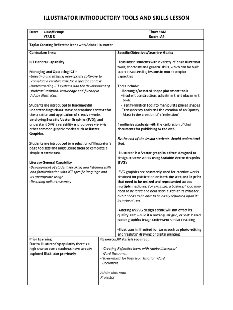 Illustrator Introductory Tools And Skills Lesson By The End Of The Lesson Students Should Understand That Adobe Illustrator Graphics