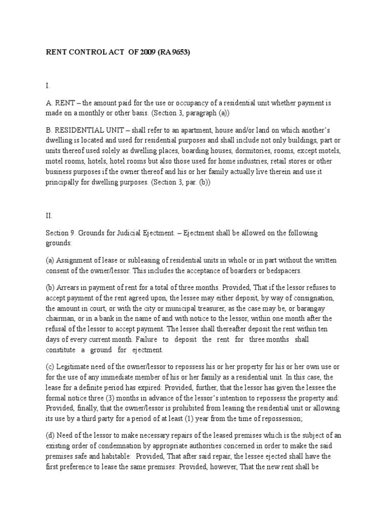 Rent Control Act of 2009 PDF Lease Civil Law Law)
