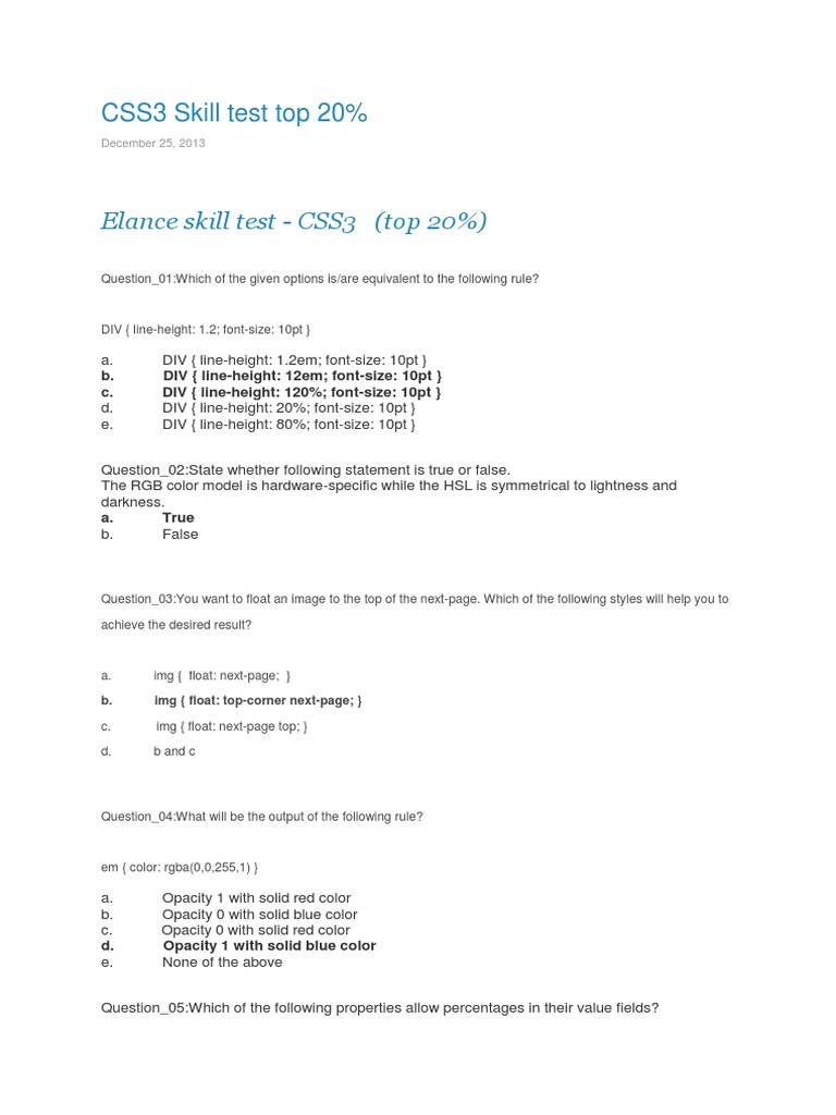 CSS3 Skill Test Top 20 | PDF | Cascading Style Sheets | Html Element