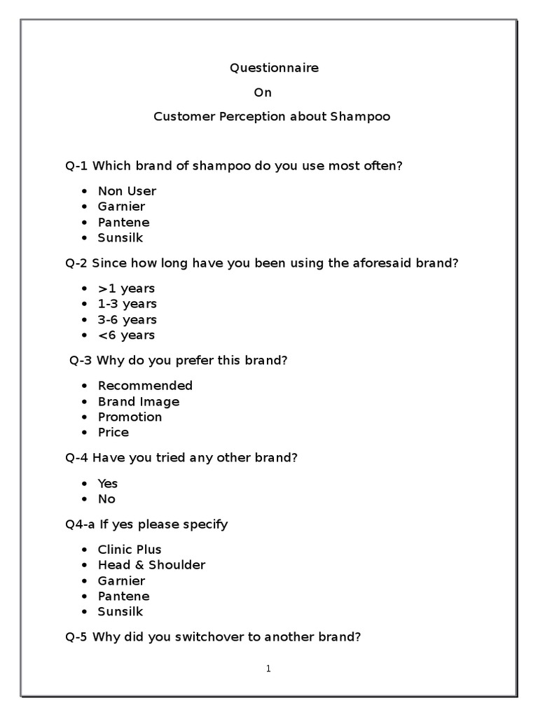 Questionnaire On Customer Perception About Shampoo PDF