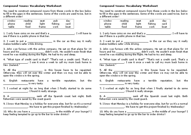 Compound Nouns: Vocabulary Worksheet Compound Nouns: Vocabulary