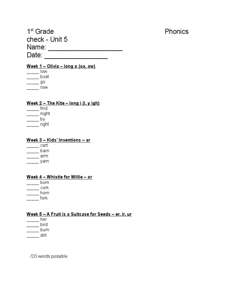 1 Grade Phonics Check - Unit 5 Name: - Date | PDF