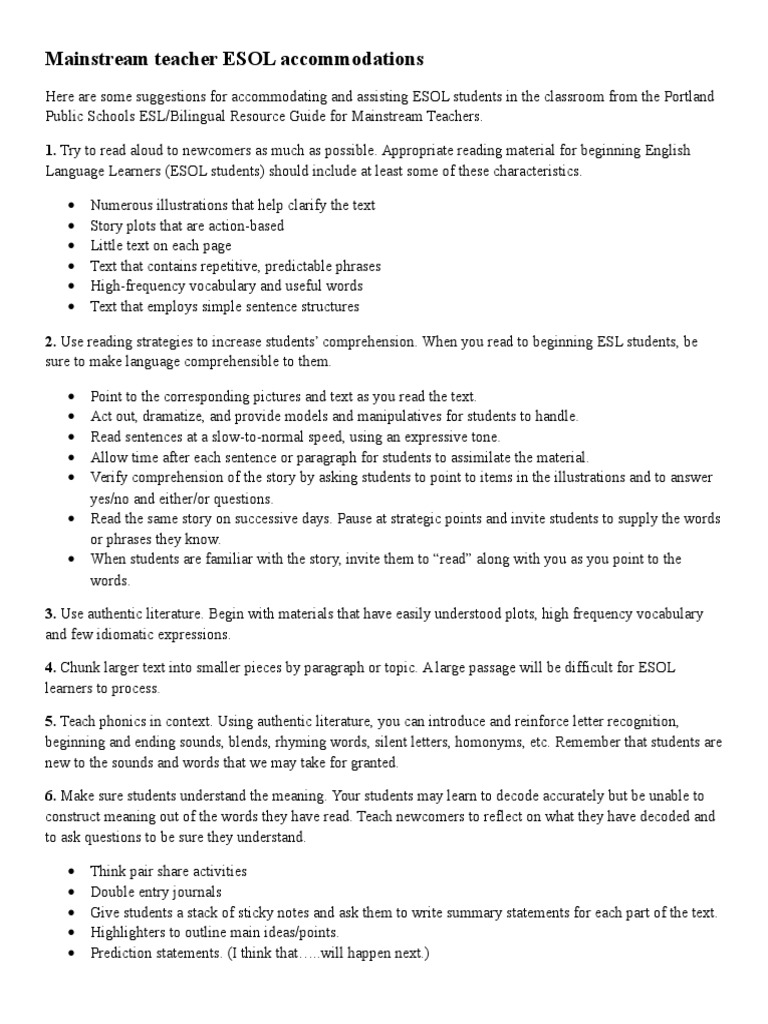 Mainstream Teacher Esol PDF English As A Second Or