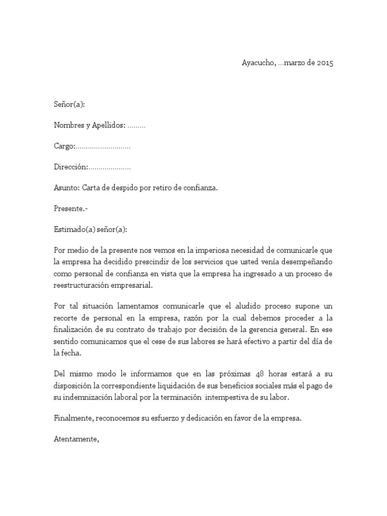 Carta de Despido Por Retiro de Confianza