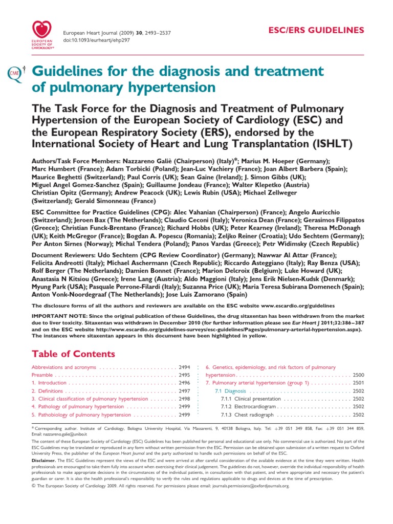 Pulmonary Hipertension Guidelines European ESC-ERS 2009 | Congenital Heart Defect | Thrombosis