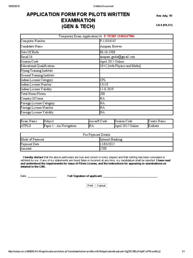 Pilot Exam Application Form | PDF