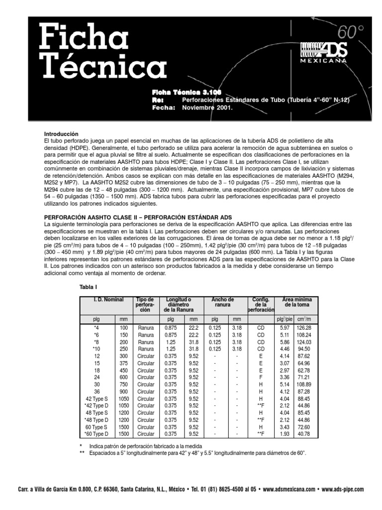 Ficha Técnica de Tubos Perforados ADS | PDF | Líquidos | Materiales ...