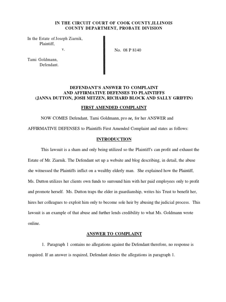 Defendant's Answer in Estate Case | PDF | Defamation | Lawsuit