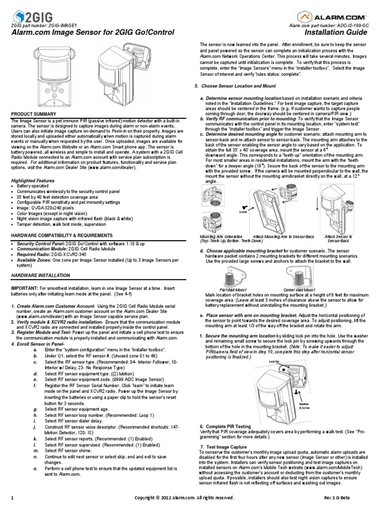 2GIG IMAGE1 PIR Motion Image Sensor Install Guide Electronics