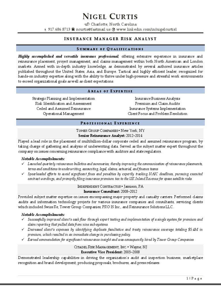 Insurance Manager Risk Analyst In Charlotte NC Resume Nigel Curtis