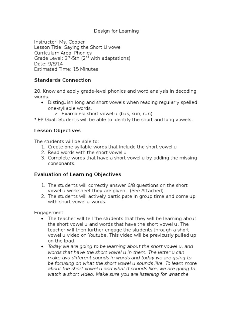 Short Vowel U Lesson Phonics Educational Assessment