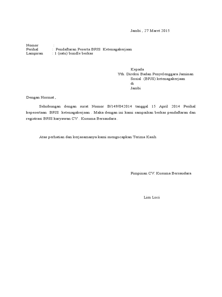 Surat Pengantar Perusahaan Ke Bpjs