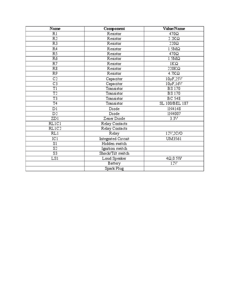 Electronic Component List and Values | PDF