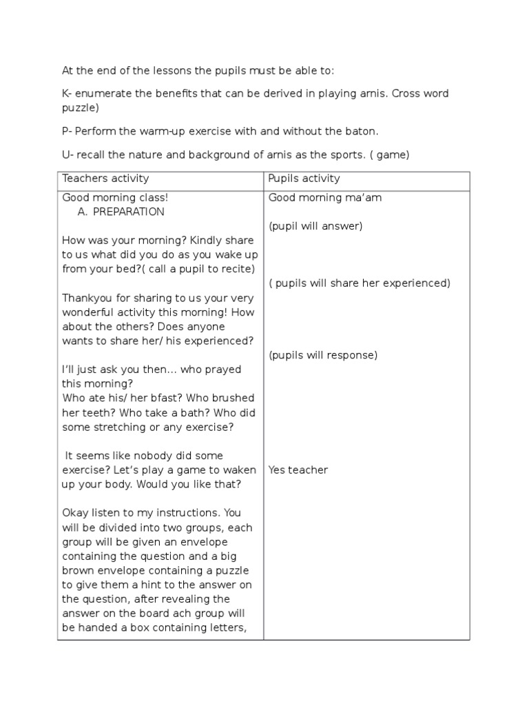 Lesson Plan Arnis PDF Philippines Combat Sports