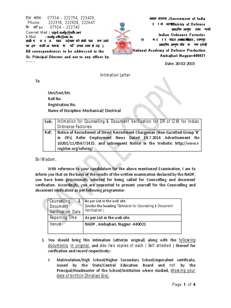 SampleIntimationletter PDF | PDF | Business | Finance & Money Management
