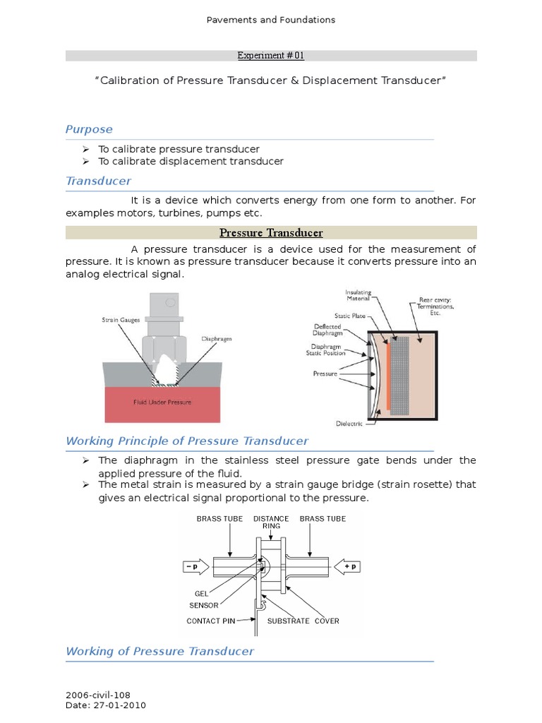 Calibration of Pressure Transducer & Displacement Transducer