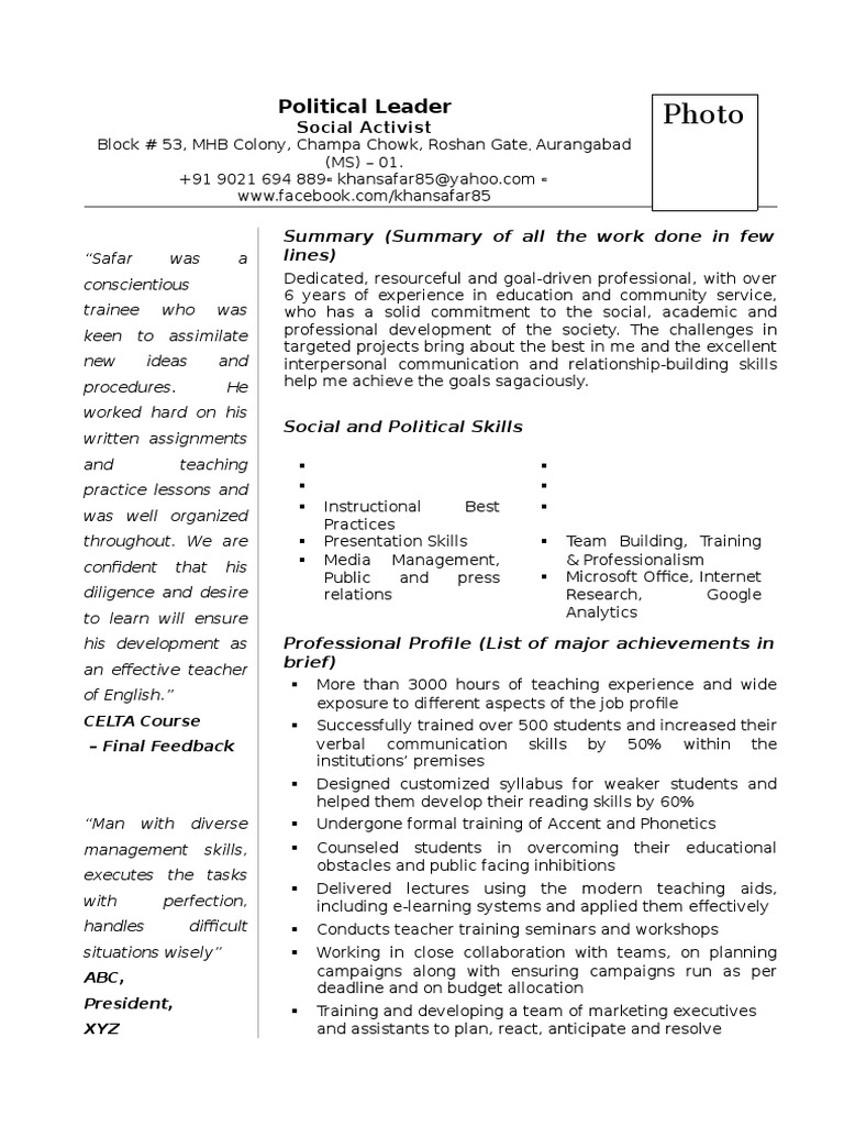 Political Resume Sample PDF English As A Second Or Foreign Language