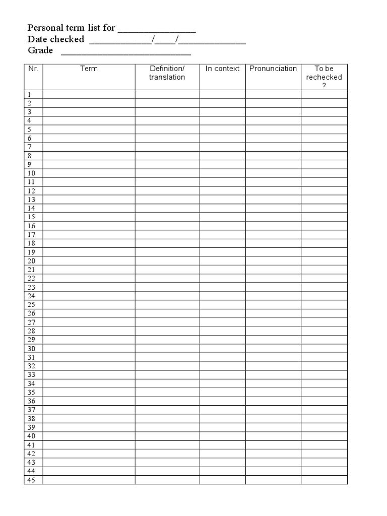 Personal Term List For - Date Checked - / - / - Grade | PDF