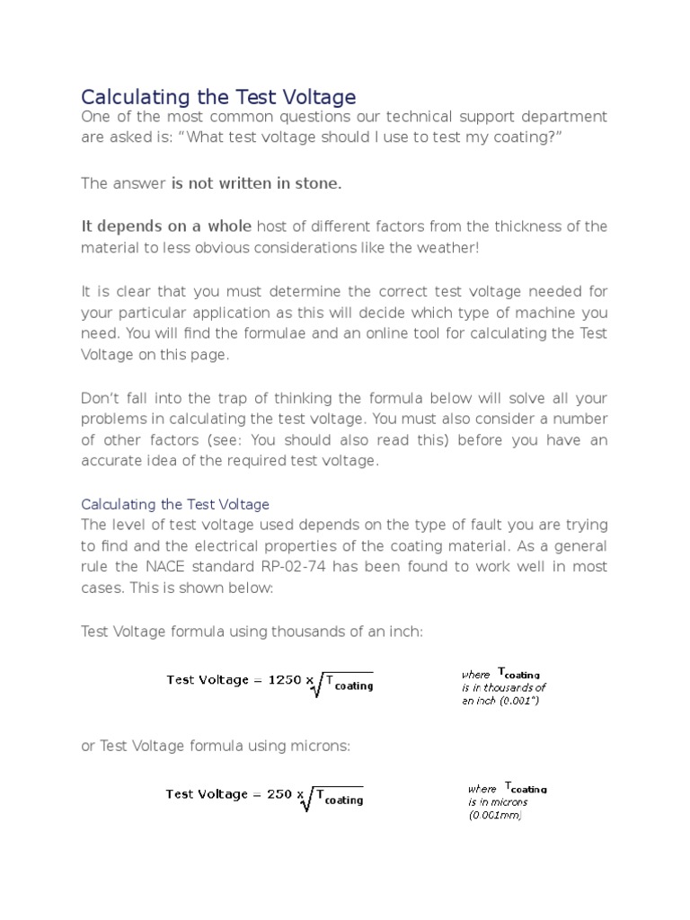 Holiday Tester Voltage Setting Calculation Strength Of Materials