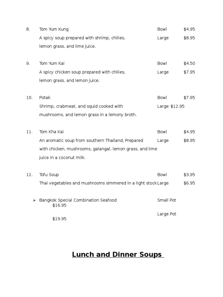 Thai Soup Menu and Prices | PDF