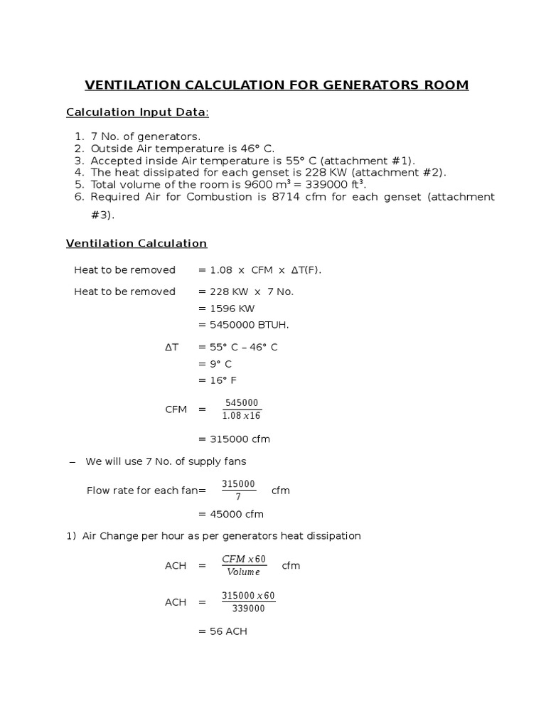 Ventilation Calculation for Generators Room Ventilation (Architecture