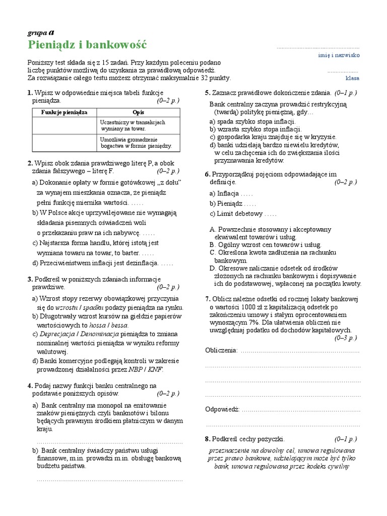 Istota Funkcjonowania Gospodarki Rynkowej Sprawdzian Krok W Przedsiębiorczość Test Pieniadz i Bankowosc