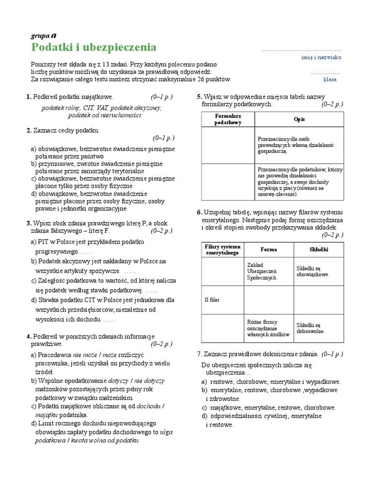 Istota Funkcjonowania Gospodarki Rynkowej Sprawdzian Krok W Przedsiębiorczość Test Podatki i Ubezpieczenia