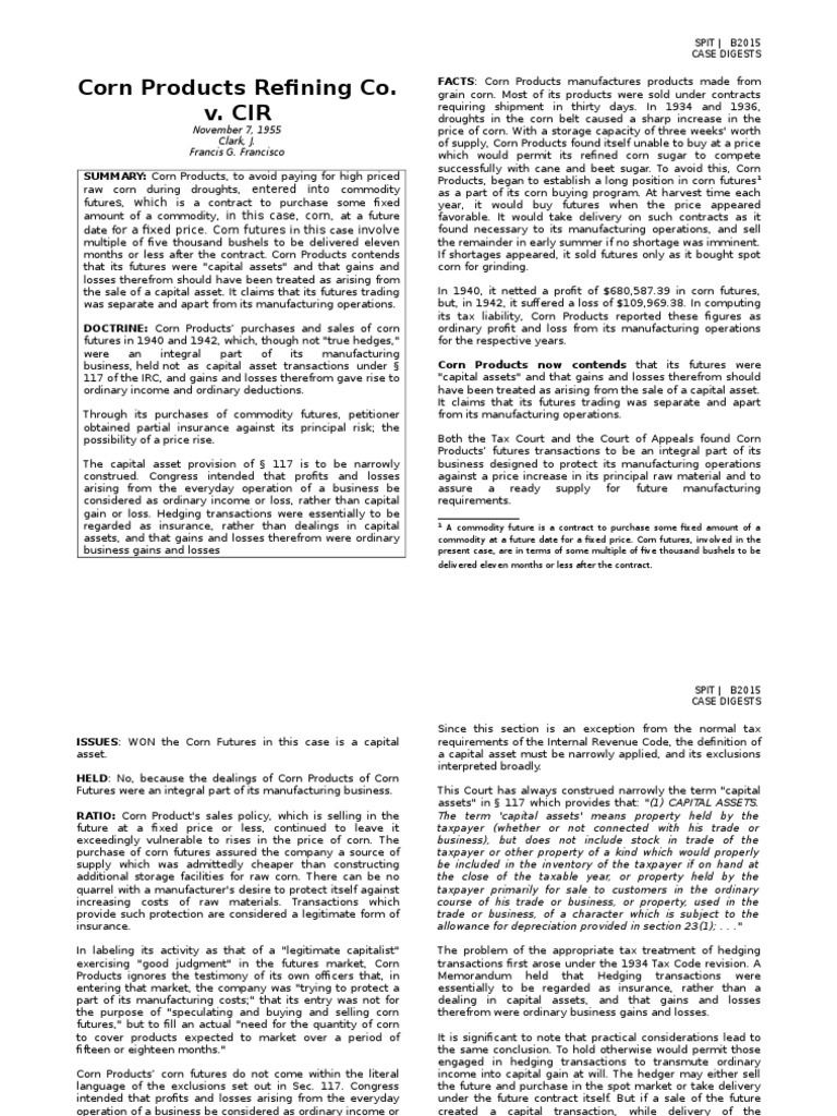 (SPIT) (Corn Products Refining Co. v. CIR) (Francisco) | PDF | Futures ...