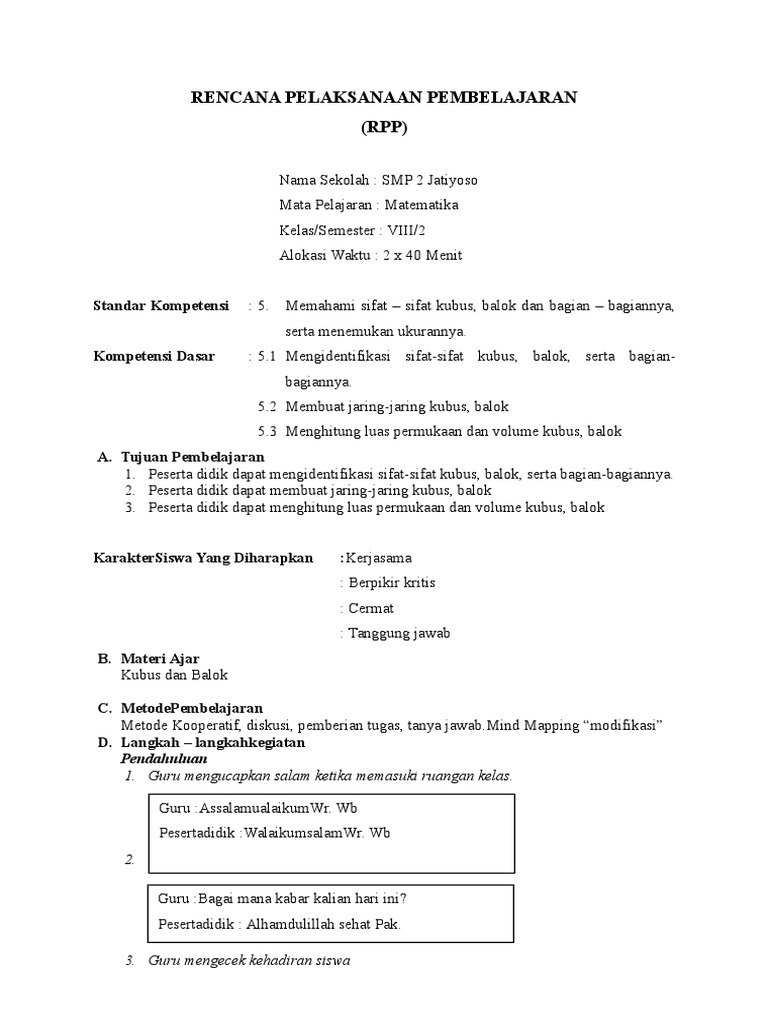 Rpp Bangun Ruang Kubus Balok