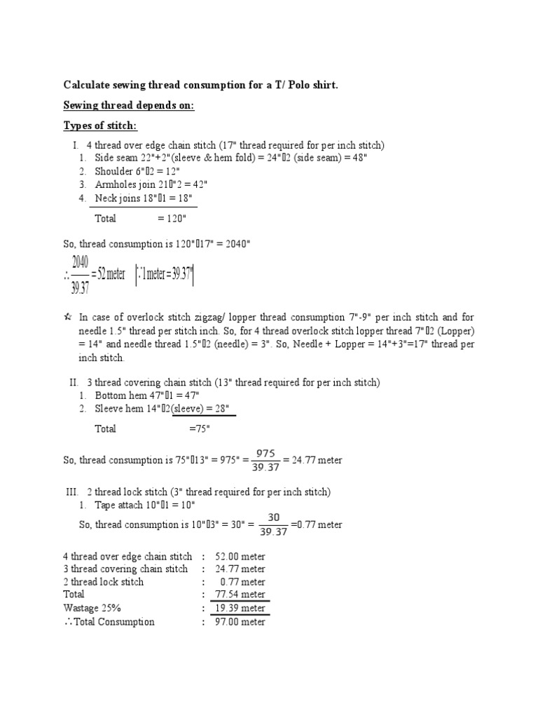 Calculate Sewing Thread Consumption Needlework Clothing