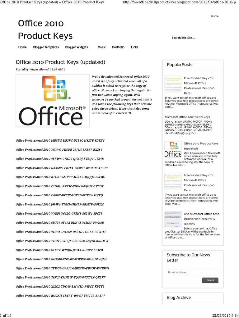 Office 2010 Product Keys (updated) Office 2010 Product Keys