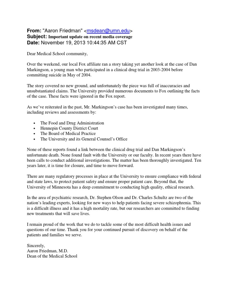 Email From Dean VP Aaron Friedman To Fairview Behavioral Health About ...