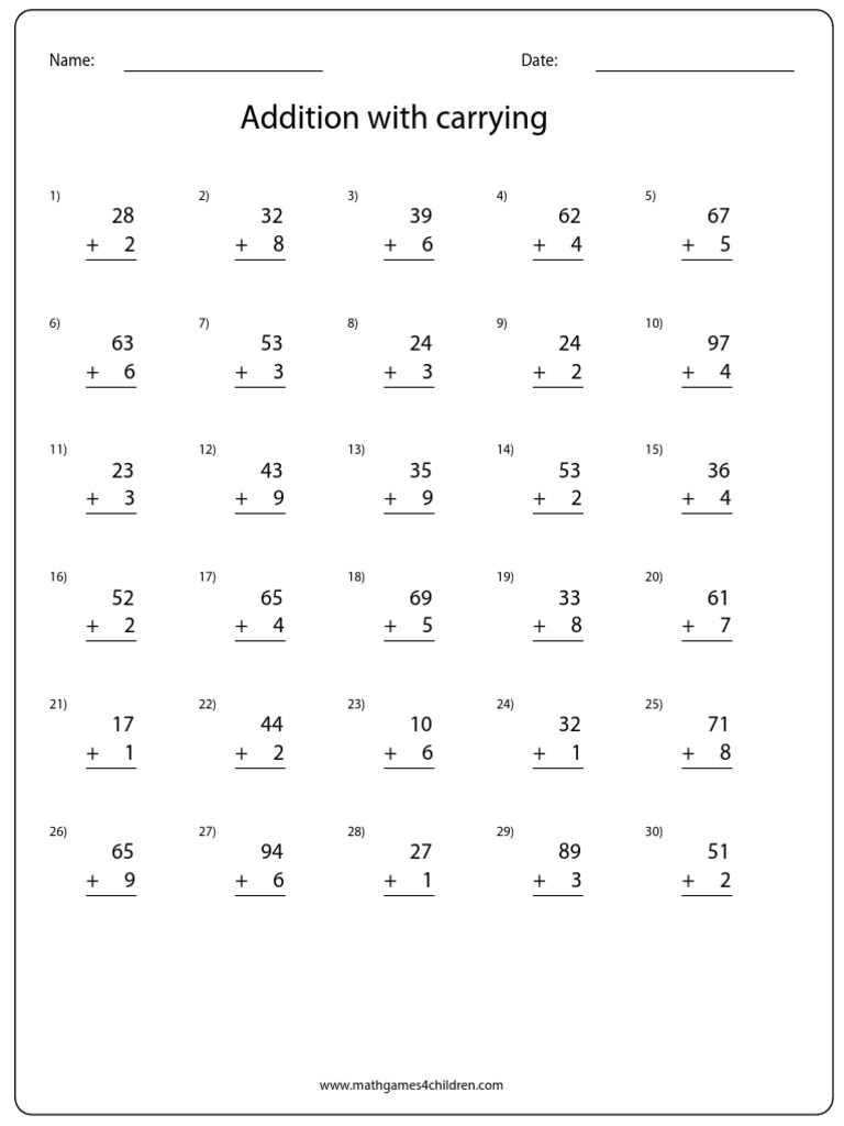 Addition with Carrying Practice Sheets | PDF