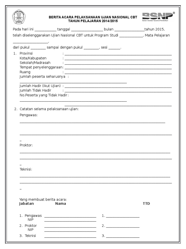 Berita Acara Pelaksanaan Un Cbt Revisi