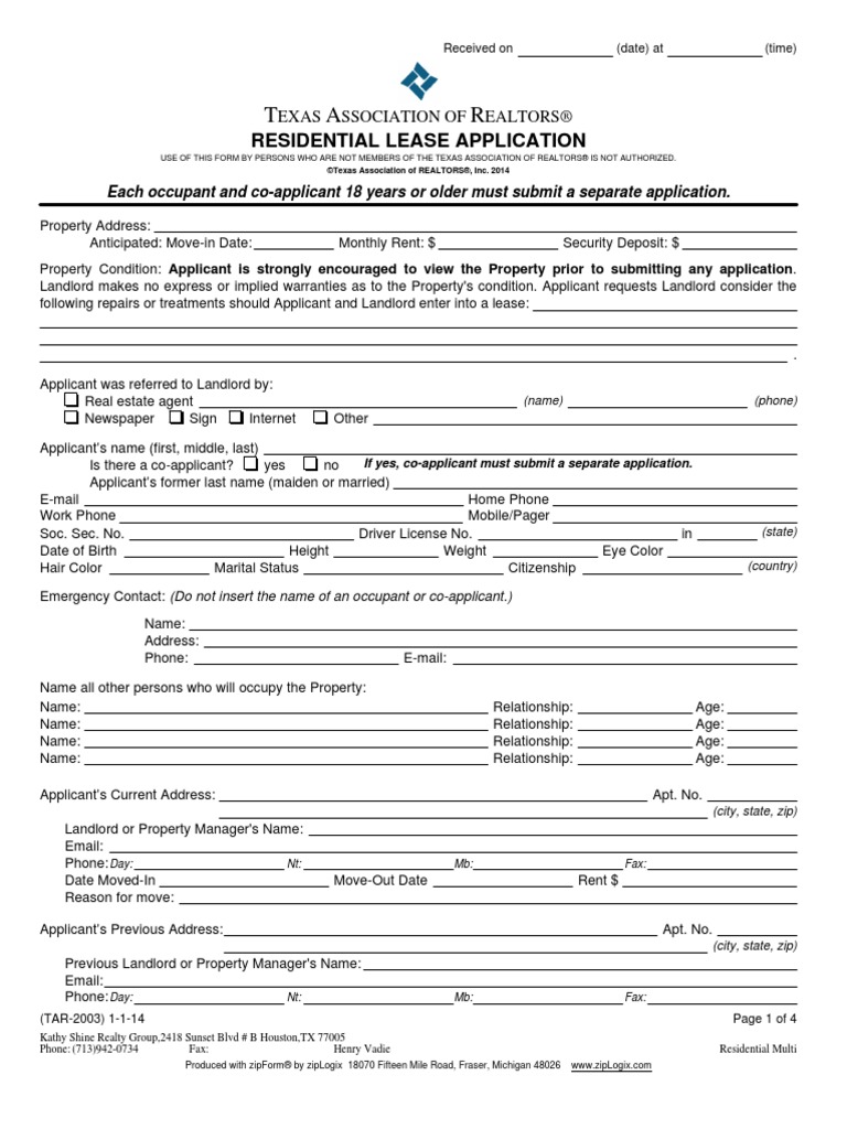 Texas Residential Lease Application Form | PDF | Landlord | Lease