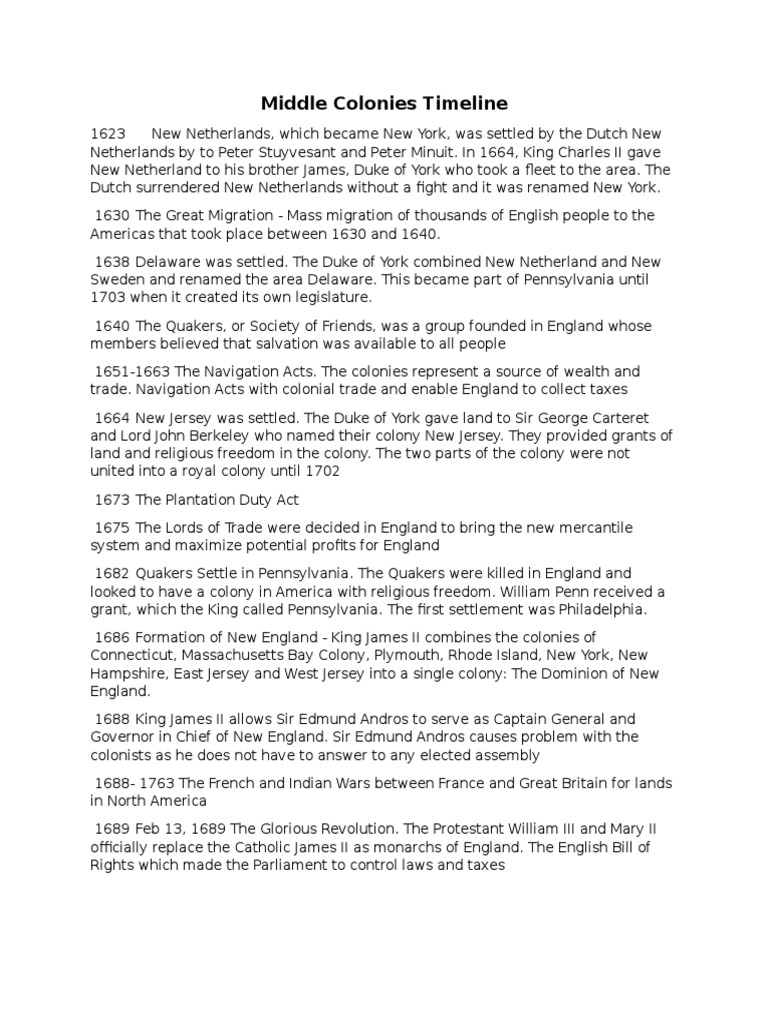Middle Colonies Historical Timeline | PDF | Government | Religion And Belief, image size:768x1024