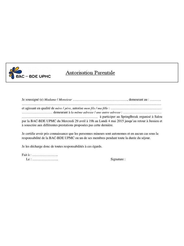 Autorisation Parentale - SB2015 | PDF