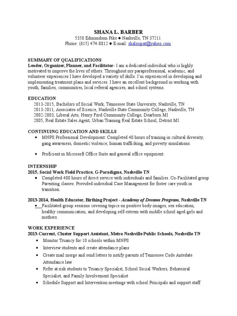 Shana L Barber SW Resume | PDF | Schools | Further Education