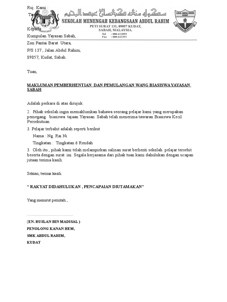 Surat Pemberhentian Yayasan Sabah 2014 Pdf