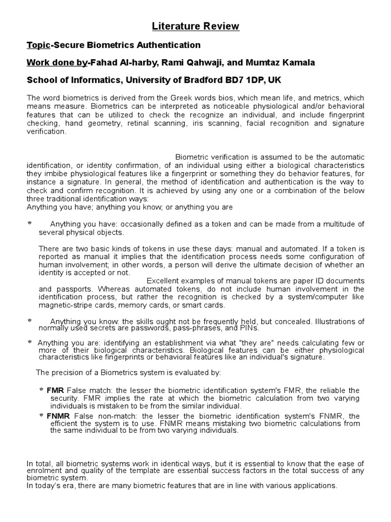 Literature Review Biometrics System PDF Biometrics Fingerprint