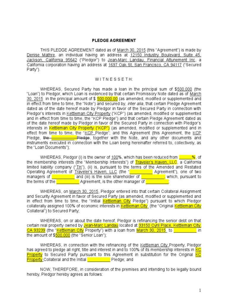 Pledge Agreement Secures $500K Loan | PDF | Security Interest ...