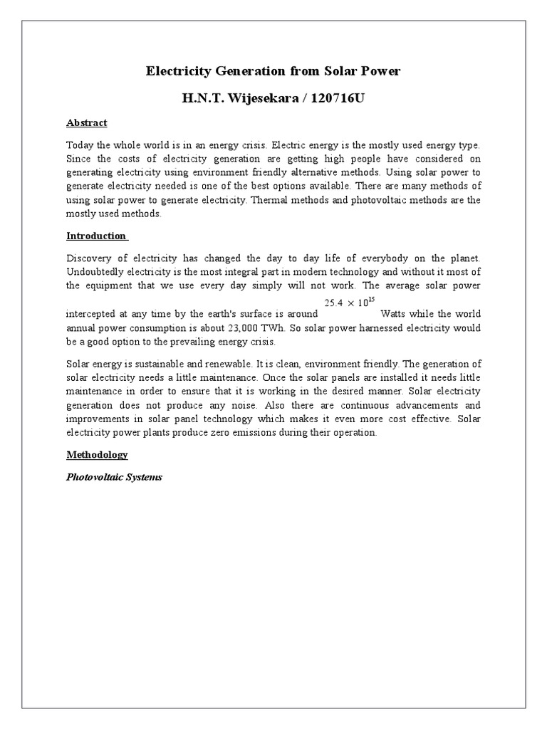 Electricity Generation From Solar Power Pdf Solar Power Solar Energy