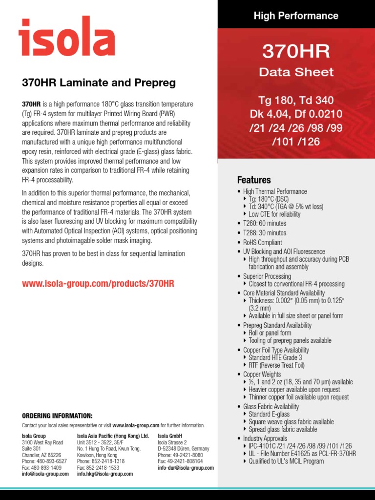 370HR Laminate and Prepreg Data Sheet Isola Printed Circuit Board Materials Science