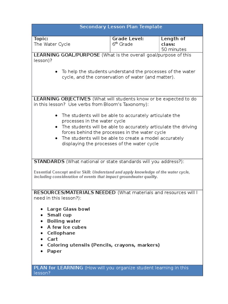 Water Cycle Lesson Plan | PDF | Learning Styles | Lesson Plan