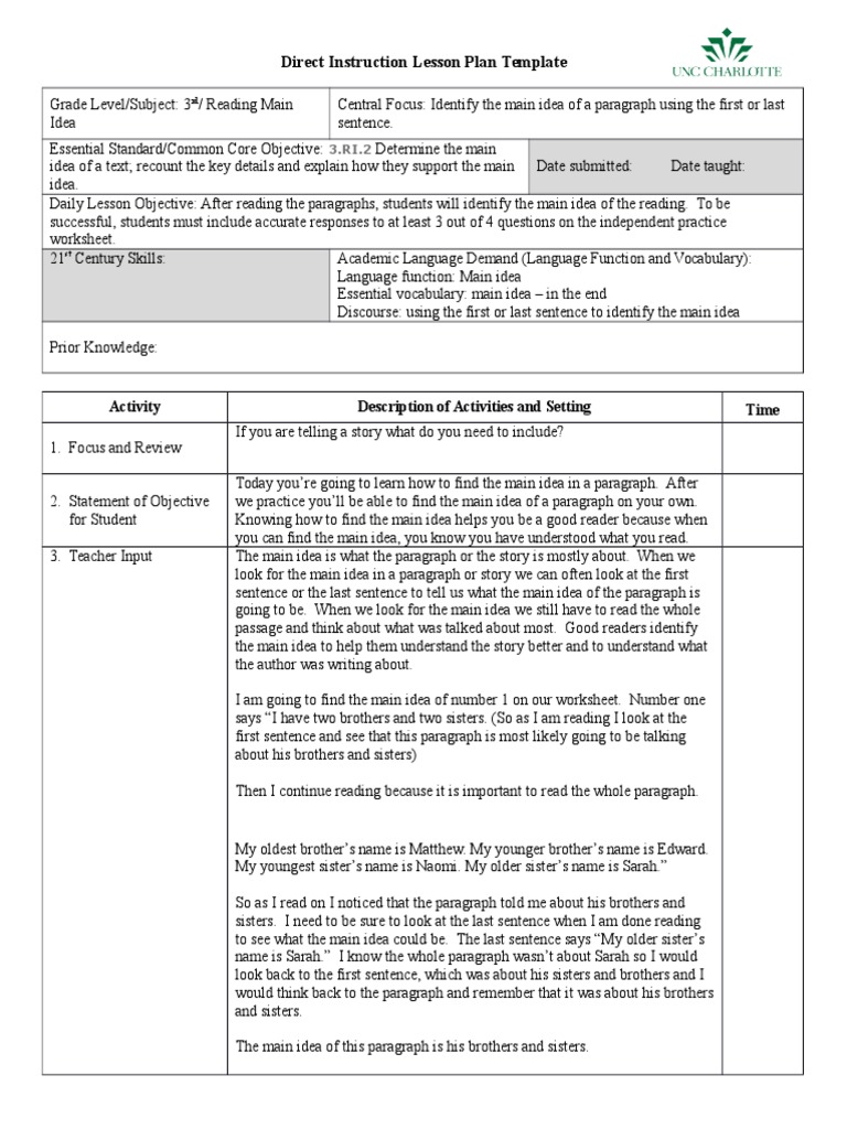 Main Idea Lesson Plan for 3rd Grade | PDF | Lesson Plan | Applied ...